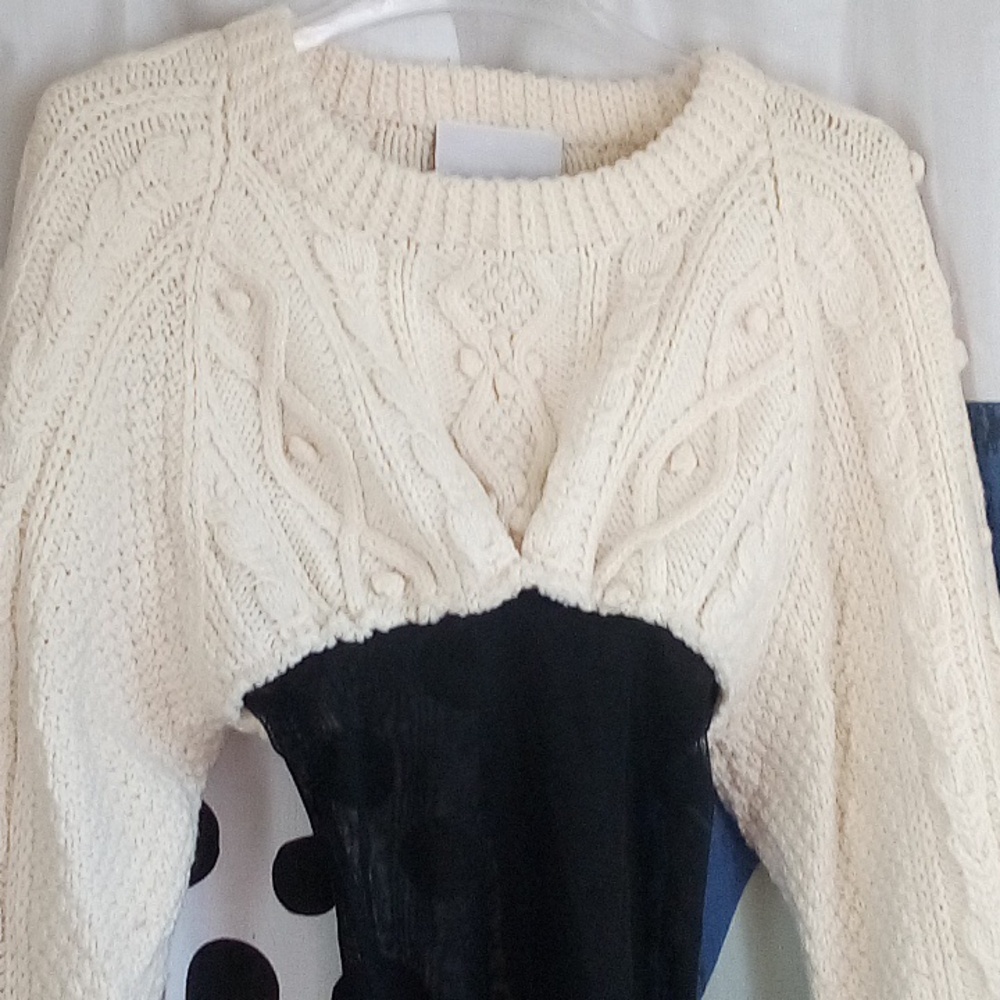 SAMI MIRO VINTAGE Cream Cable-Knit Fisherman Sweater W/Black Mesh Panel, NWT - Picture 2 of 4